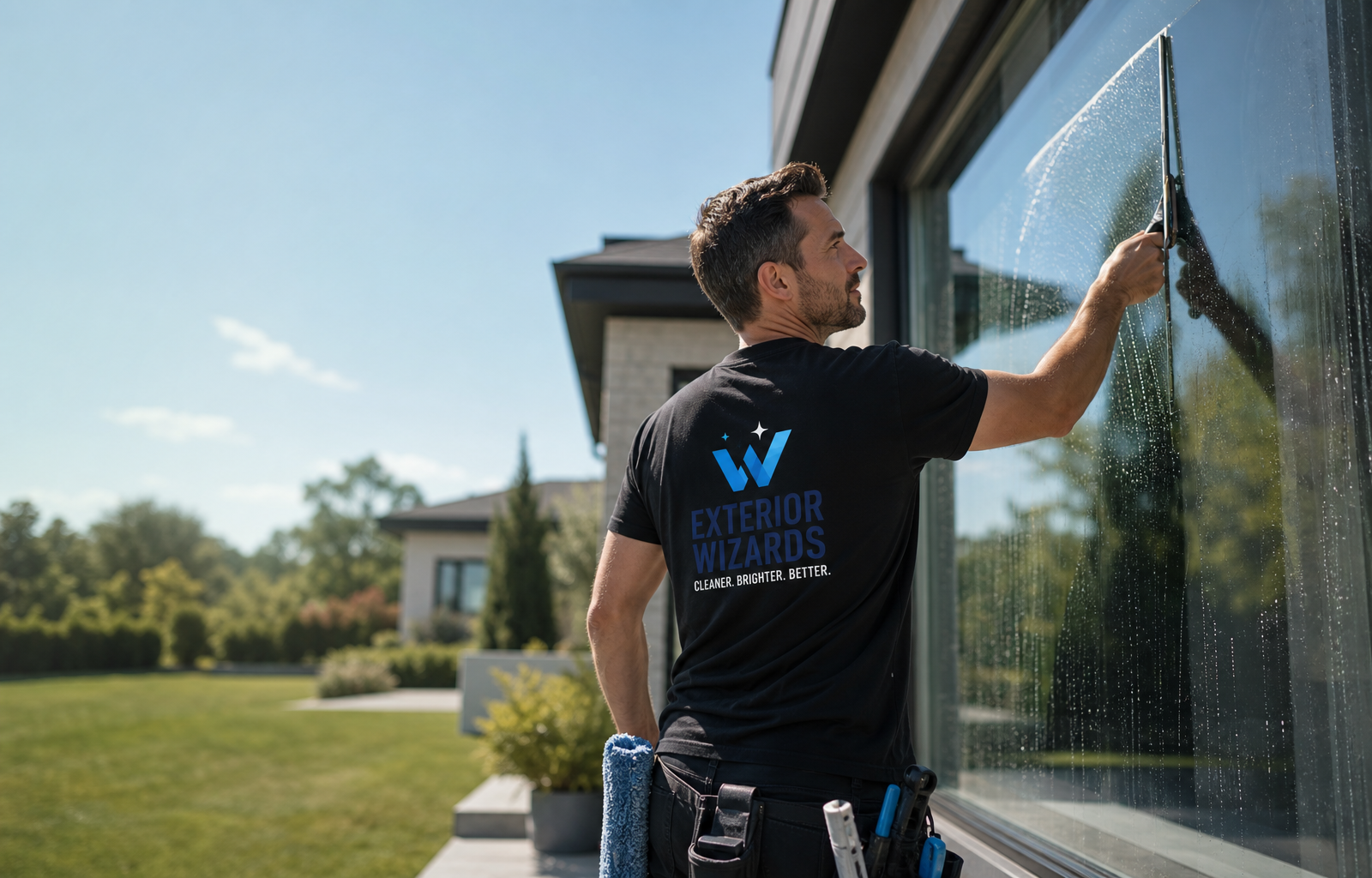 Exterior Wizards technician in a black logo shirt cleaning a residential window